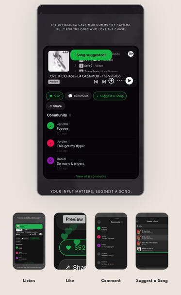 Custom-designed vinyl covers that turn playlists into tangible visual pieces — blending music with physical space.