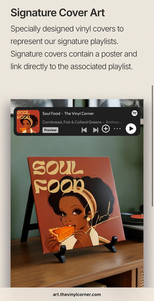 Custom-designed vinyl covers that turn playlists into tangible visual pieces — blending music with physical space.