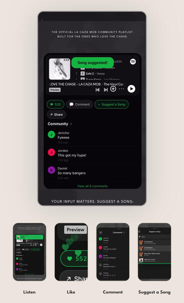 Custom-designed vinyl covers that turn playlists into tangible visual pieces — blending music with physical space.