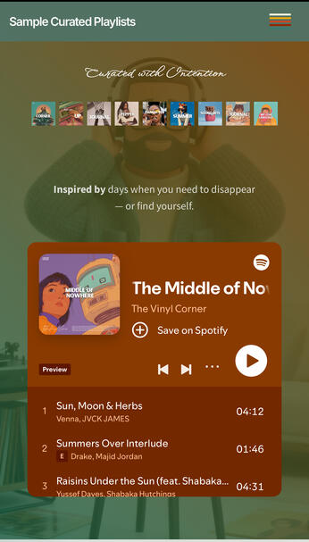 Curated playlists built around emotion, theme, and storytelling — designed to feel cohesive, not random.